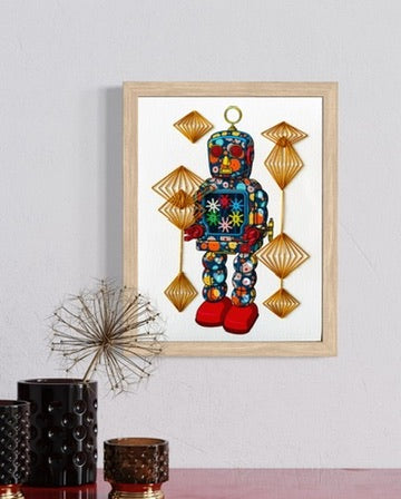 Tin Robot 3 mixed media with Dark Rhombus Embroidery - custom framed with art glass