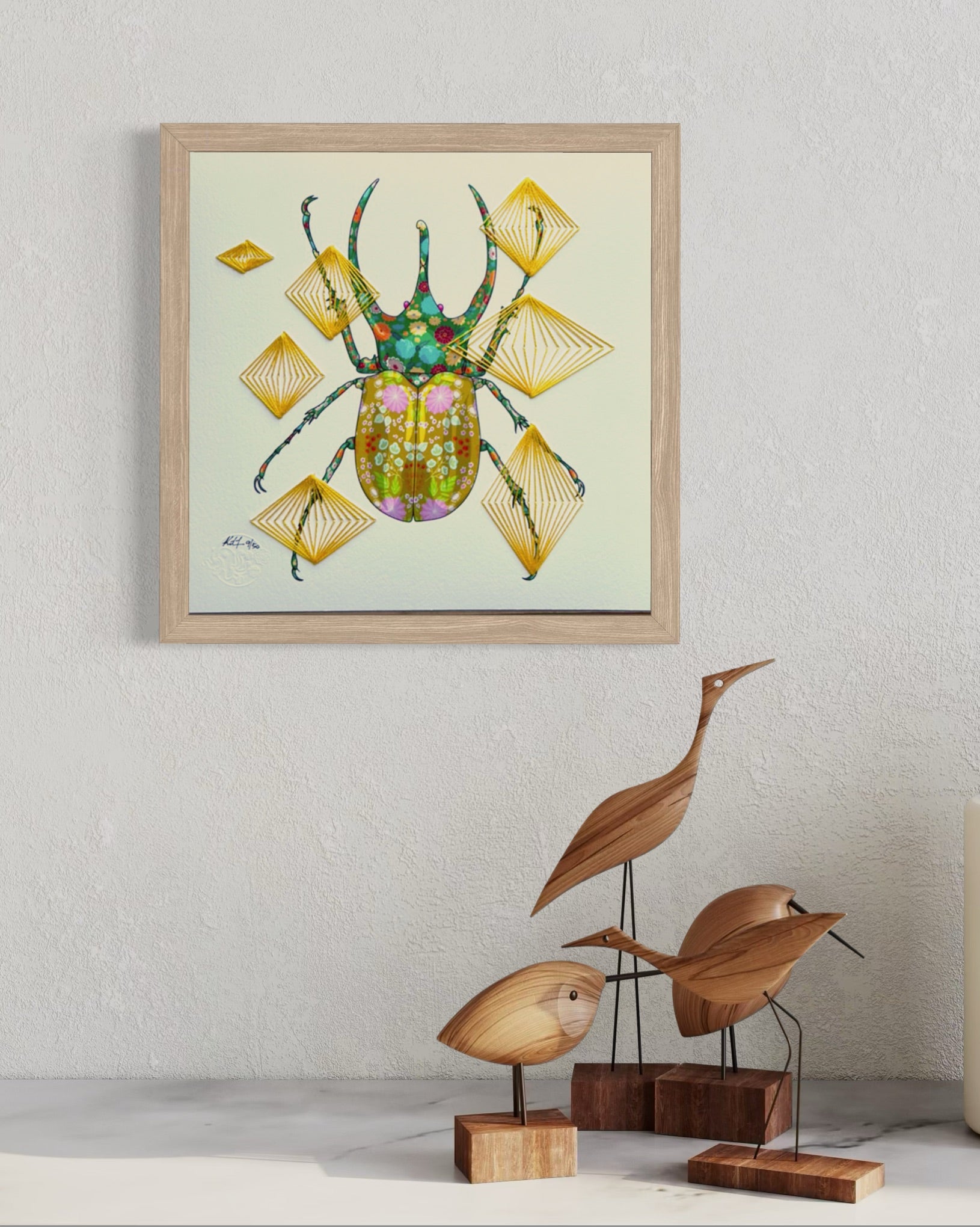 Rhinoceros Beetle mixed media with Yellow Rhombus Embroidery - custom framed with art glass