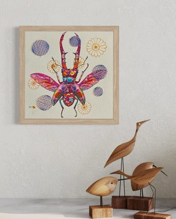 Stag Beetle mixed media with Cobalt Blue and Pink Basket Embroidery   - custom framed with art glass