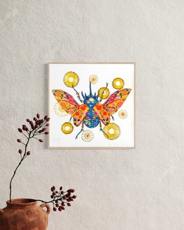 Japanese Rhinoceros Beetle mixed media with Yellow and Mustard French Knot Embroidery   - custom framed with art glass