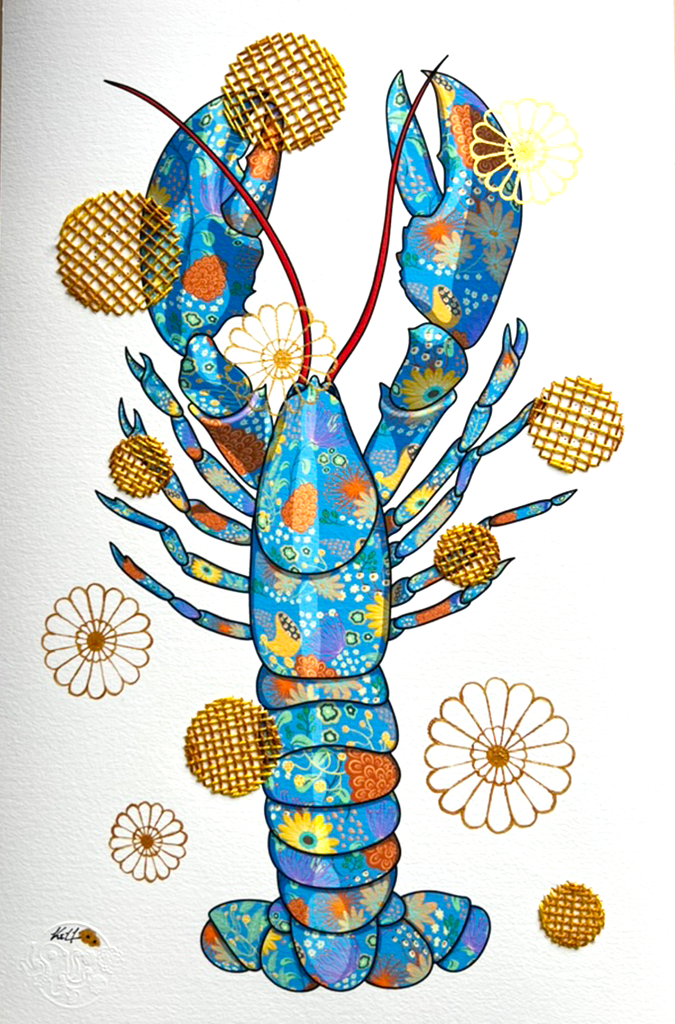 Blue Lobster mixed media with Yellow and Mustard Embroidery - custom framed with art glass