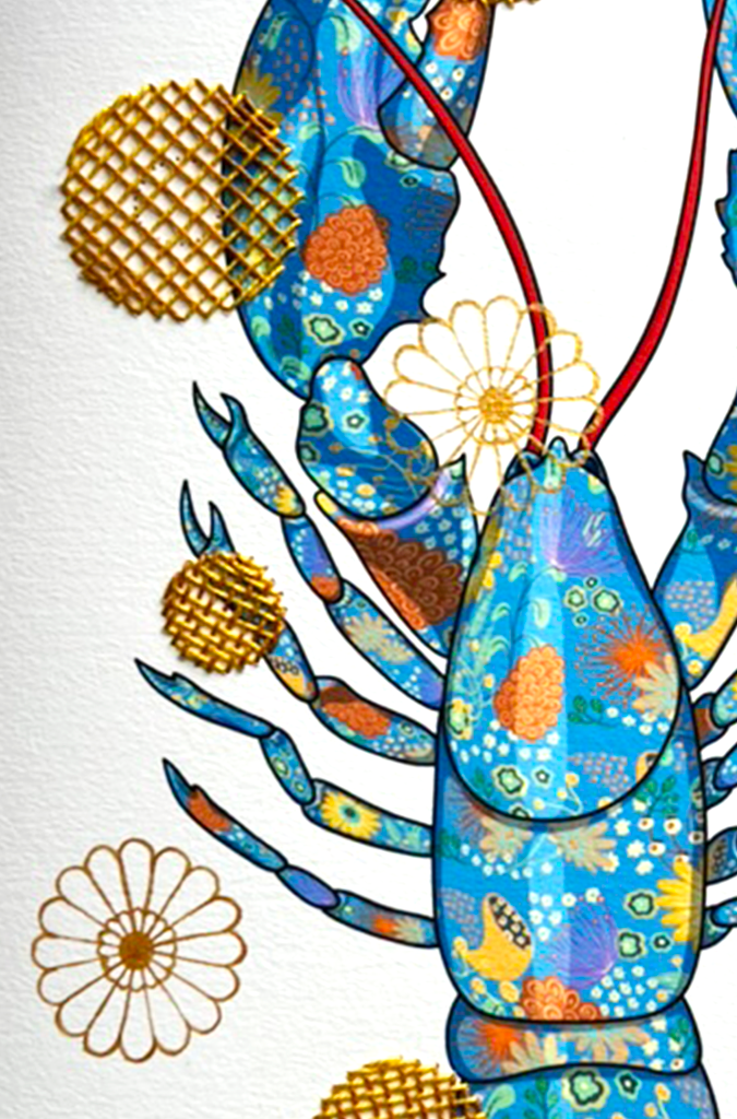 Blue Lobster mixed media with Yellow and Mustard Embroidery - custom framed with art glass