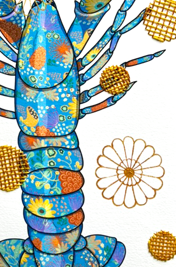 Blue Lobster mixed media with Yellow and Mustard Embroidery - custom framed with art glass