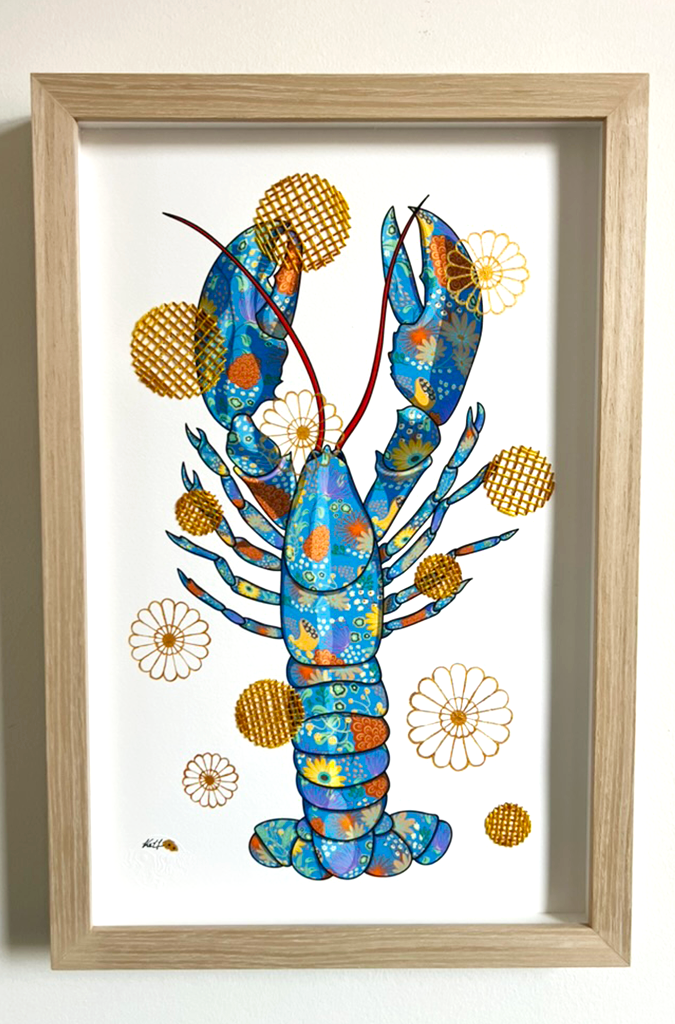 Blue Lobster mixed media with Yellow and Mustard Embroidery - custom framed with art glass