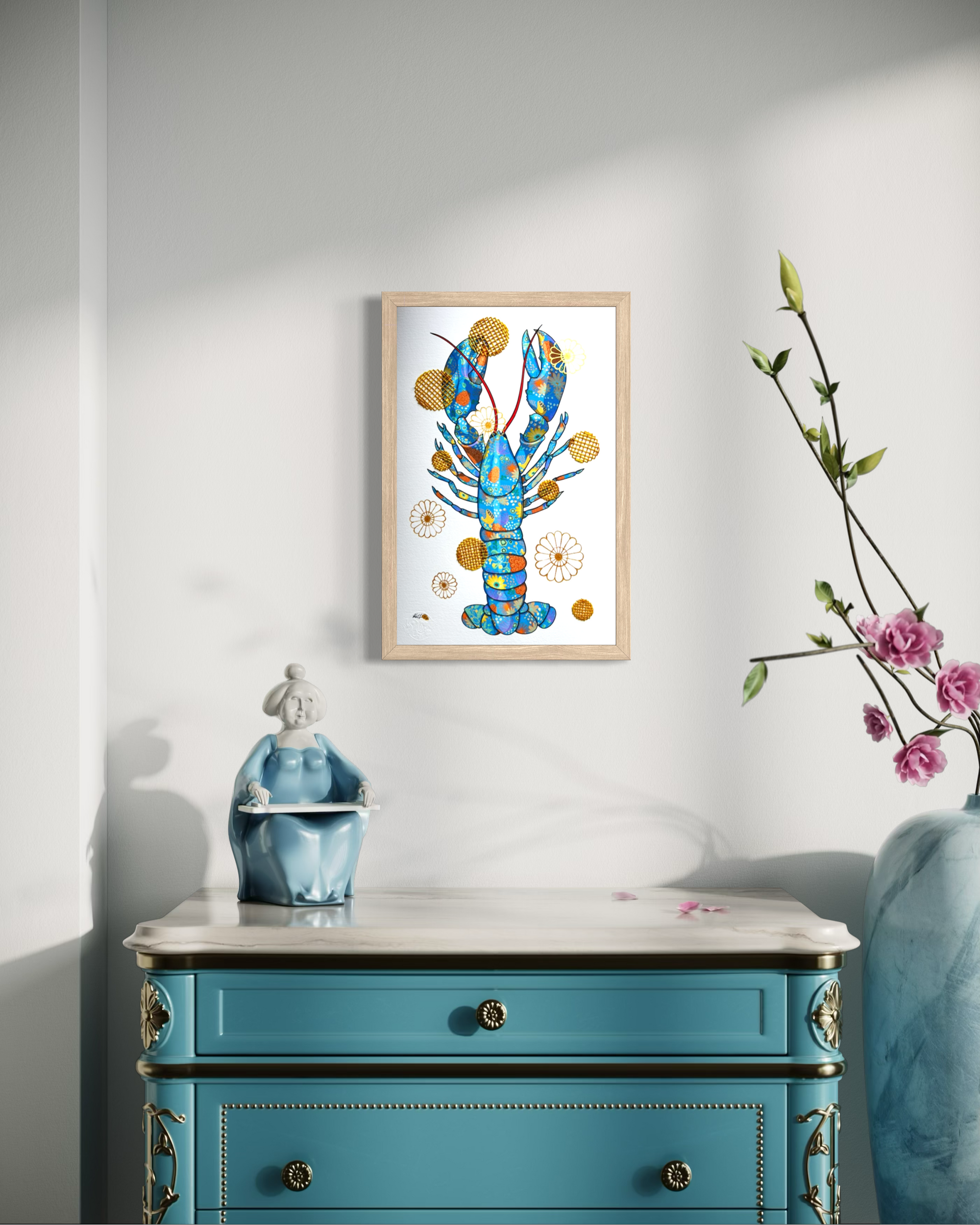Blue Lobster mixed media with Yellow and Mustard Embroidery - custom framed with art glass