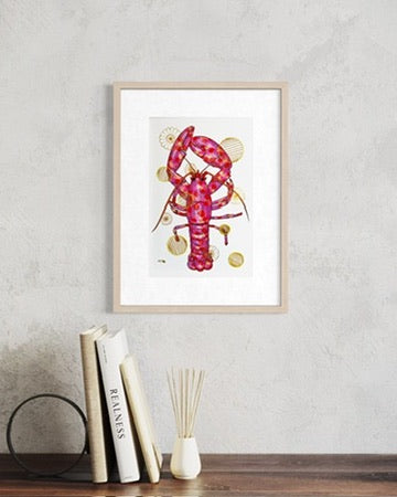Fuschia Lobster mixed media with Yellow and Mustard Embroidery  - custom framed with art glass