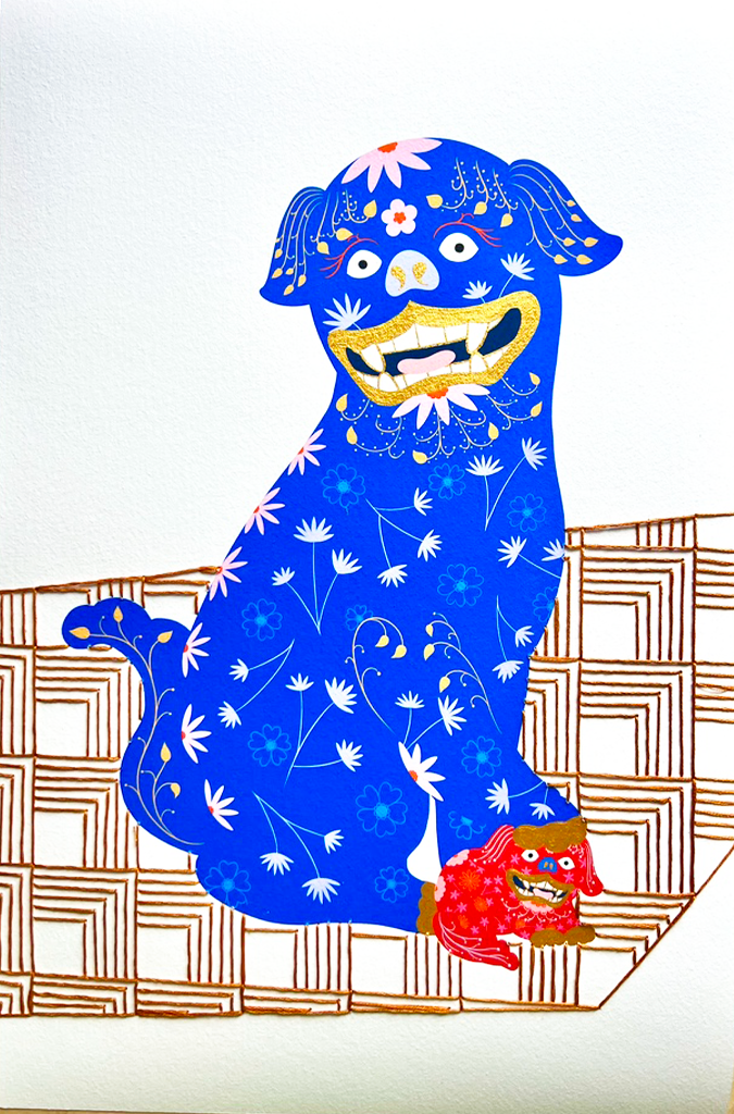 Foo Dog Mixed Media Diptych pair - custom frame and art glass