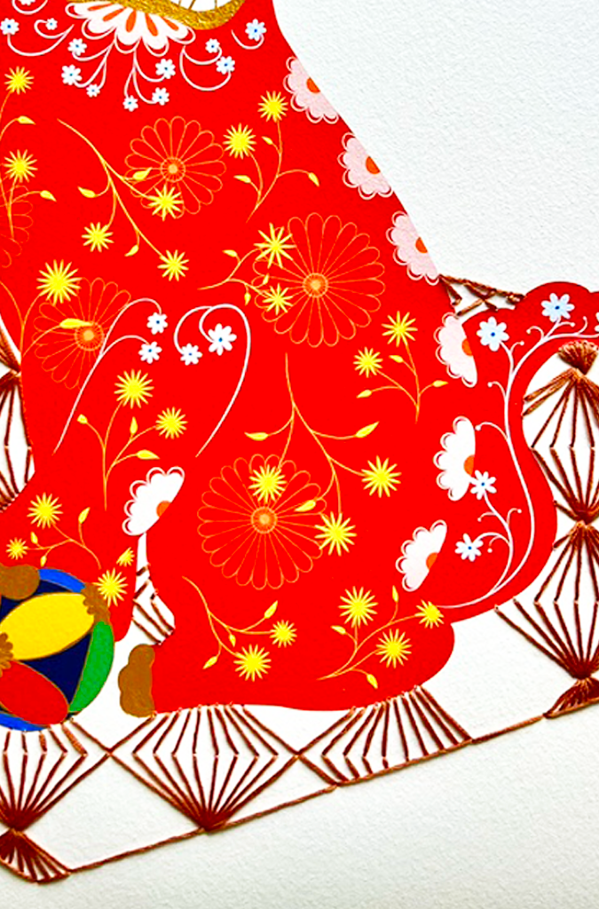 Foo Dog Mixed Media Diptych pair - custom frame and art glass