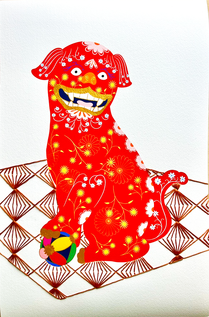 Foo Dog Mixed Media Diptych pair - custom frame and art glass