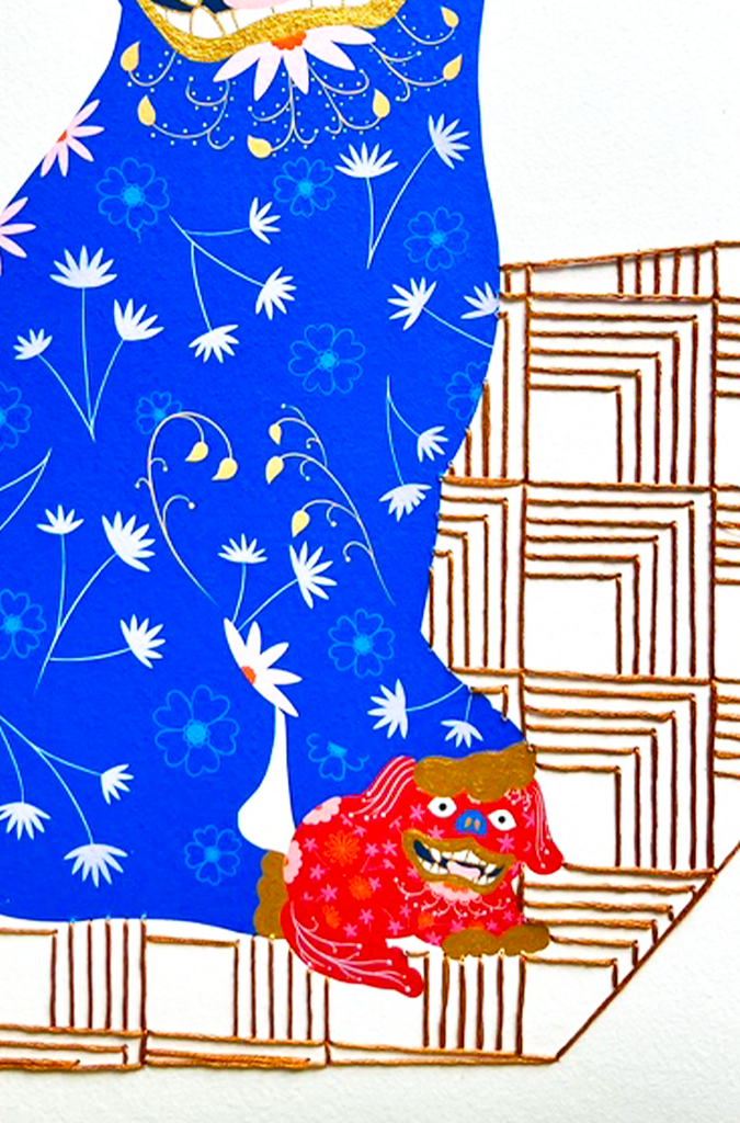 Foo Dog Mixed Media Diptych pair - custom frame and art glass