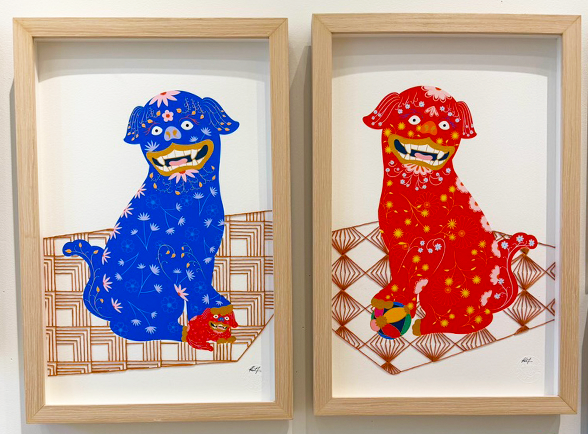 Foo Dog Mixed Media Diptych pair - custom frame and art glass