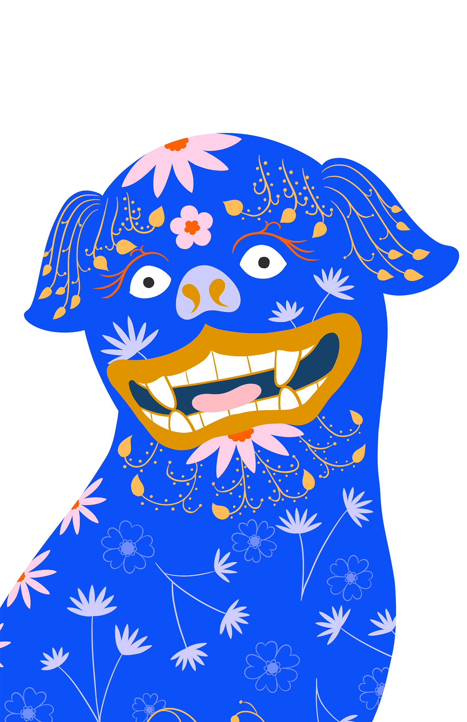 custom framed with art glass - Foo Dog Blue - mixed media