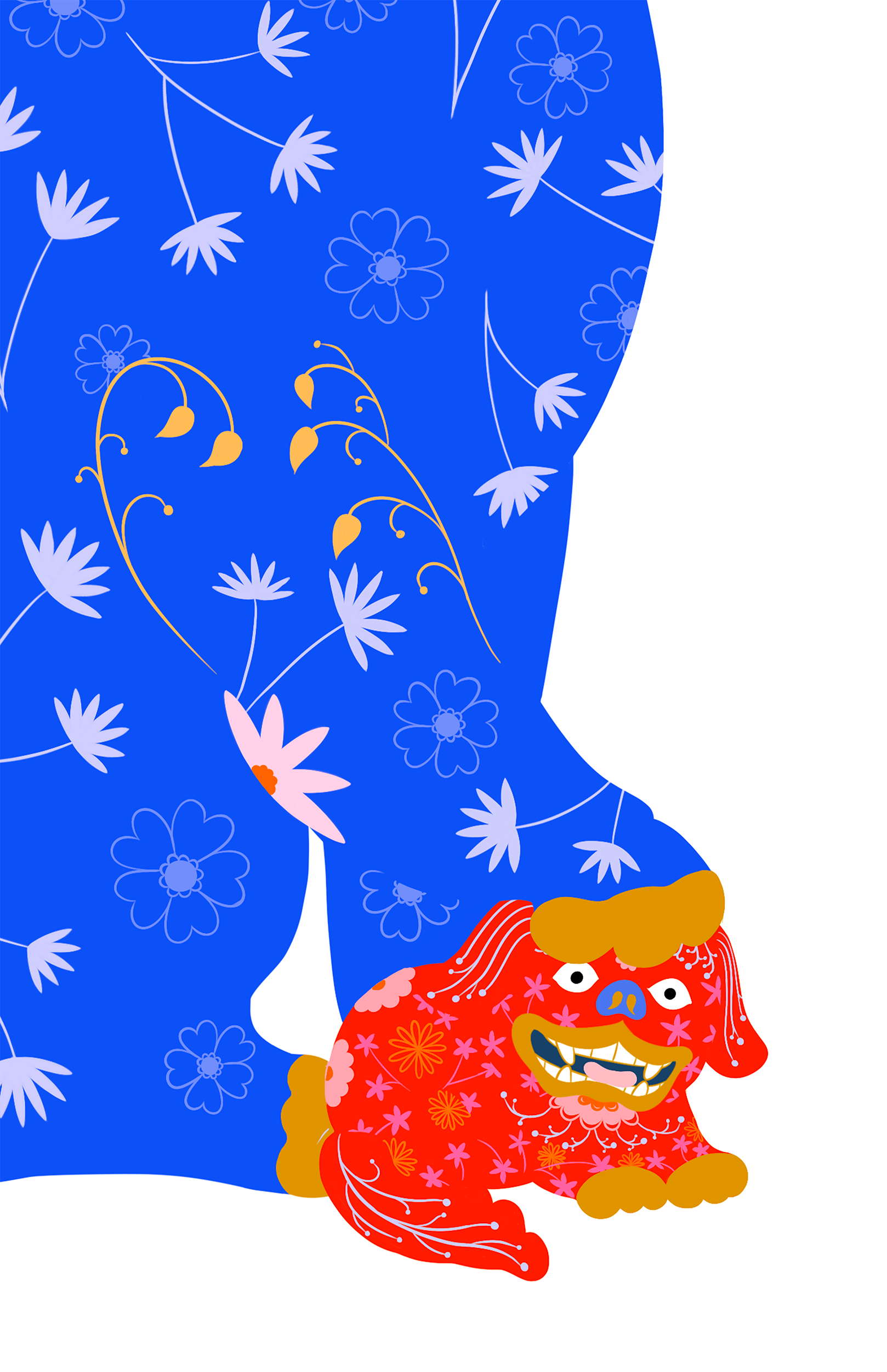 custom framed with art glass - Foo Dog Blue - mixed media