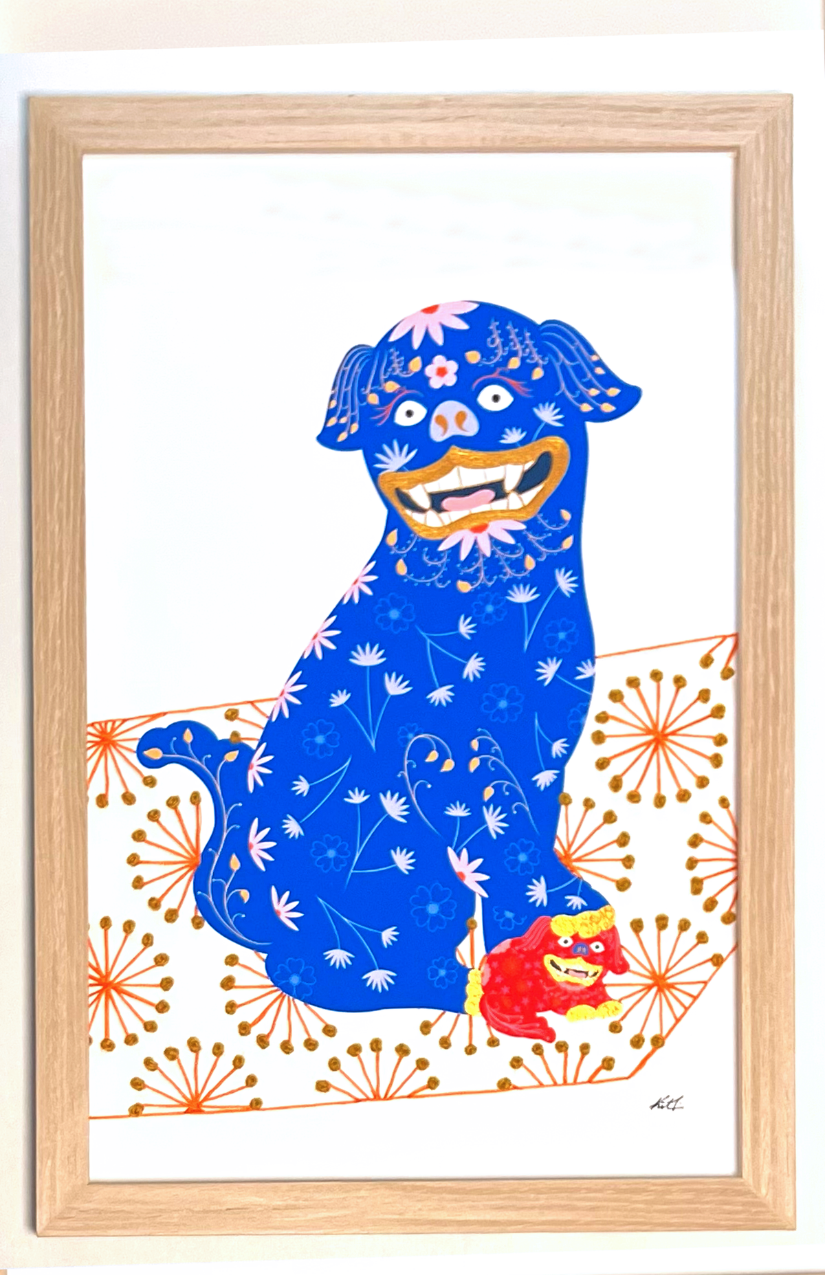 Foo Dog Mixed Media Diptych pair with Dark Orange and Mustard French Knot Embroidery - custom frame with art glass