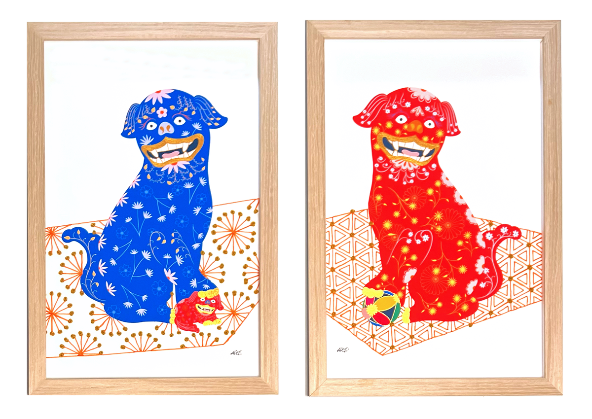 Foo Dog Mixed Media Diptych pair with Dark Orange and Mustard French Knot Embroidery - custom frame with art glass