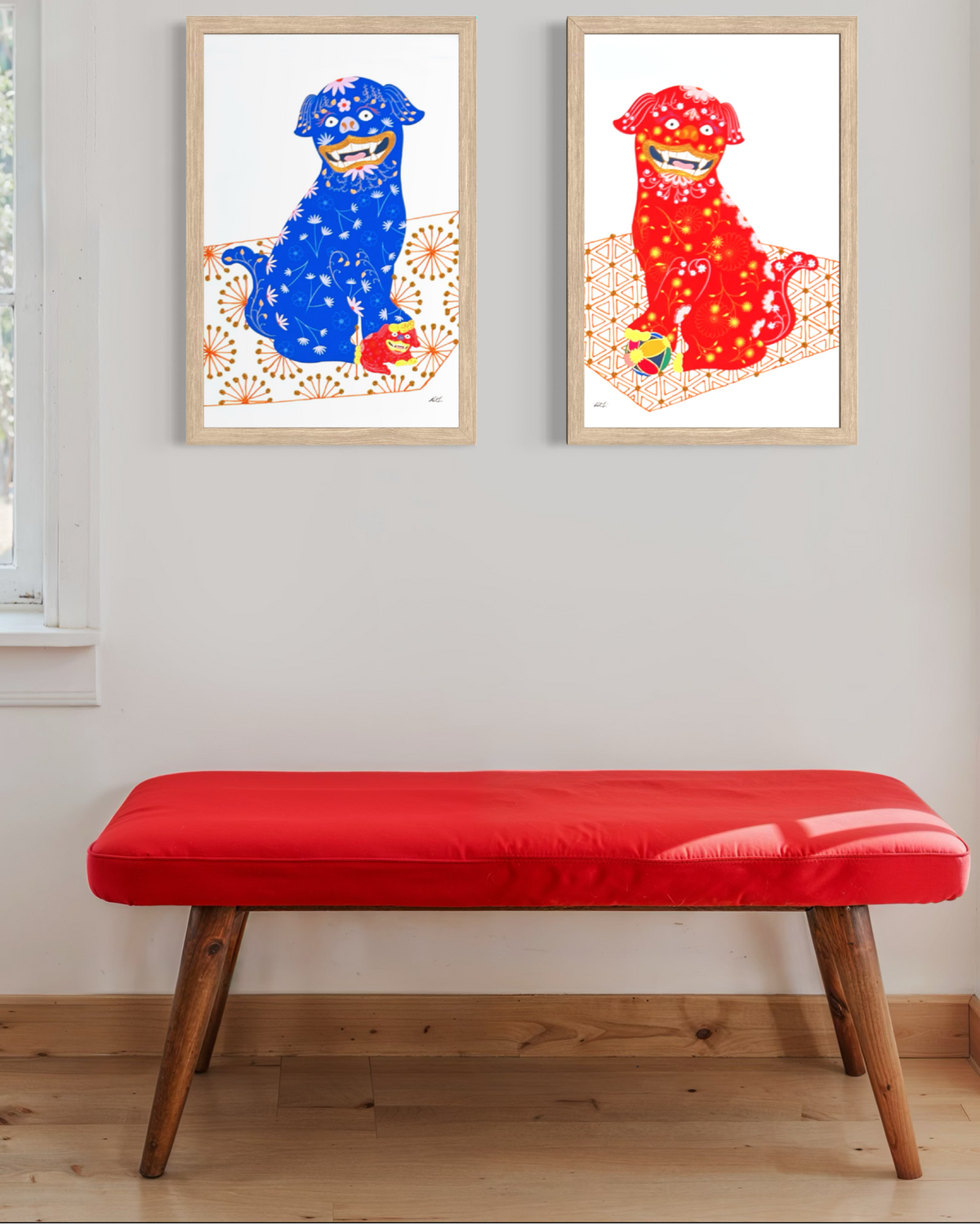 Foo Dog Mixed Media Diptych pair with Dark Orange and Mustard French Knot Embroidery - custom frame with art glass