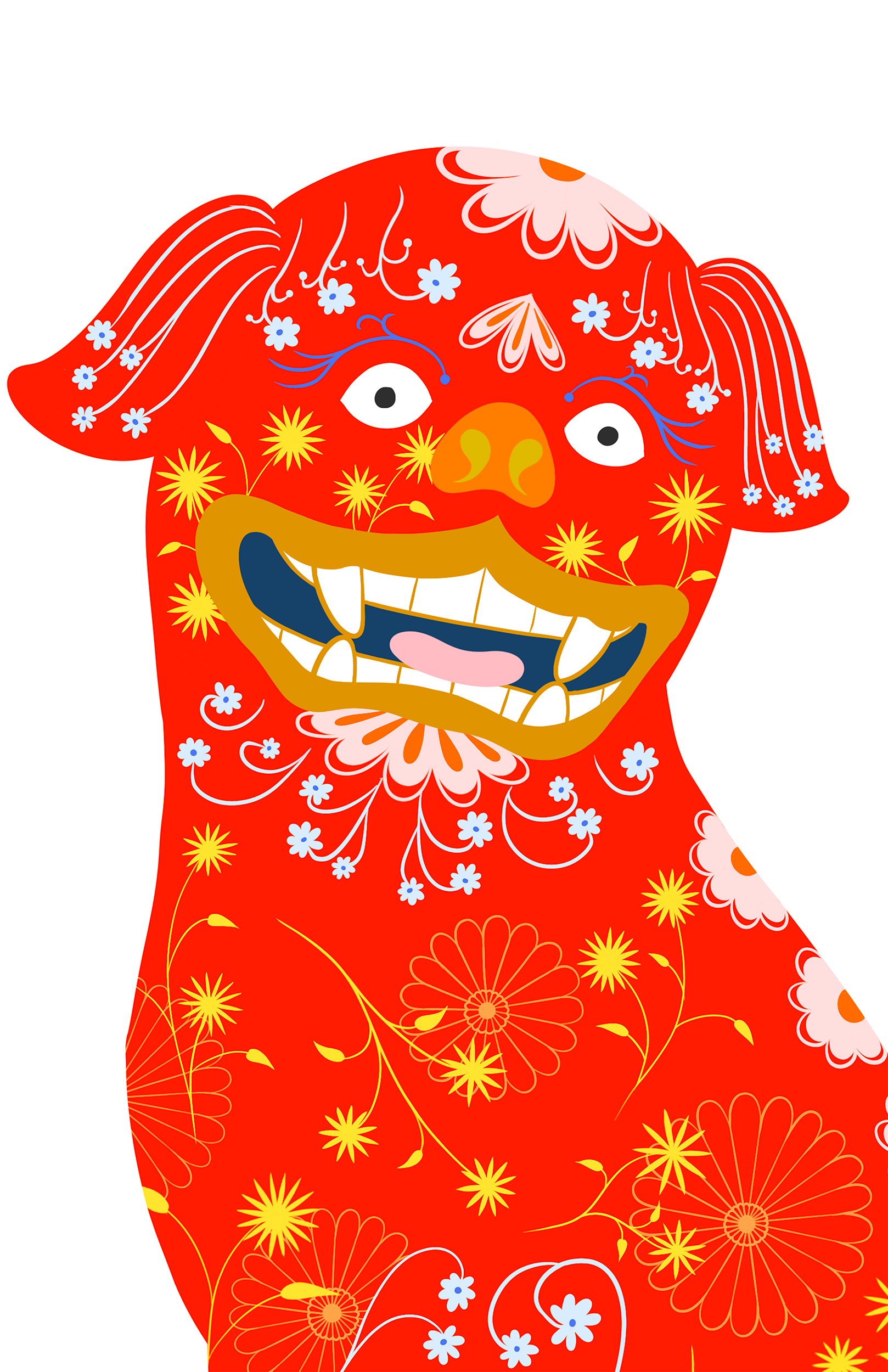 custom framed with art glass - Foo Dog Red -