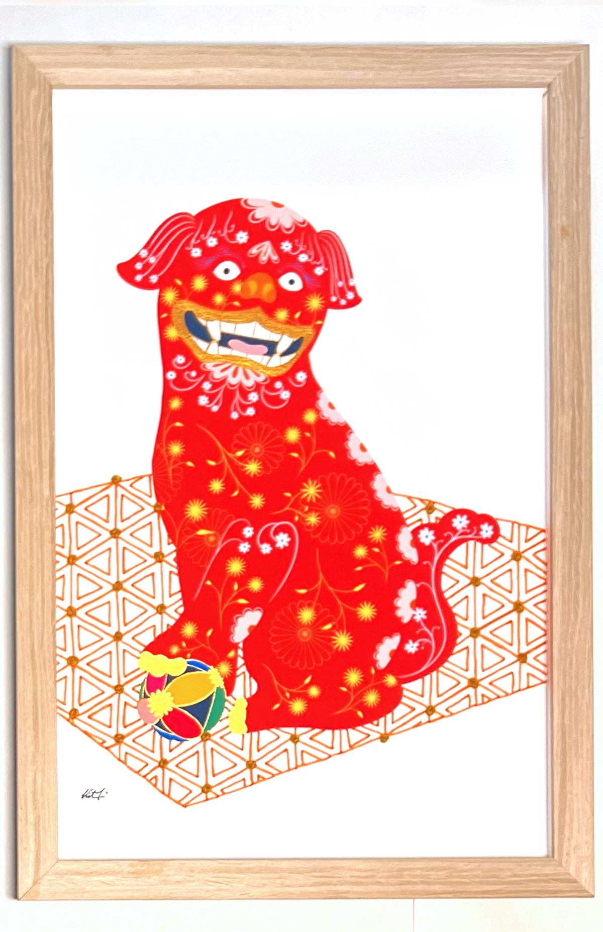 Foo Dog Mixed Media Diptych pair with Dark Orange and Mustard French Knot Embroidery - custom frame with art glass