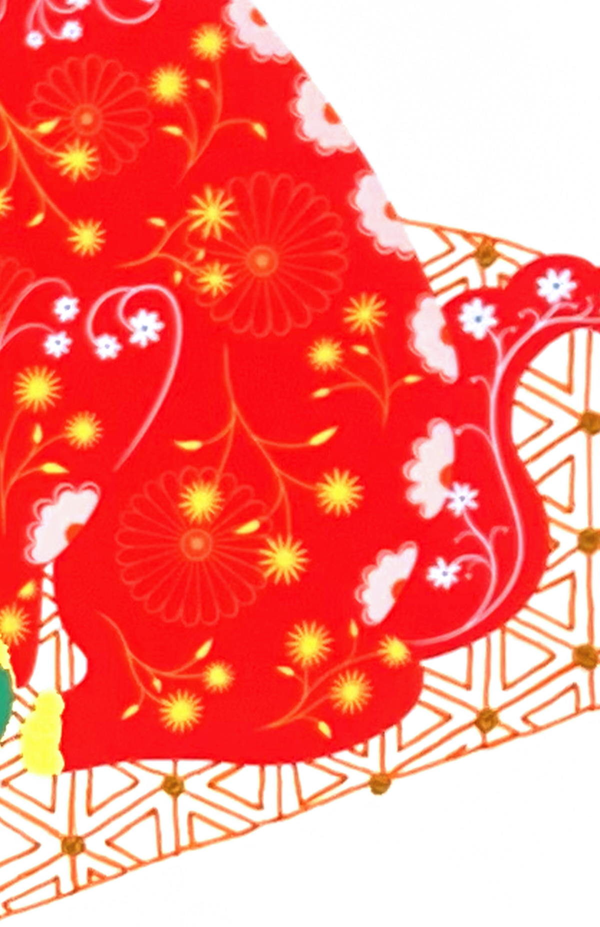 Foo Dog Mixed Media Diptych pair with Dark Orange and Mustard French Knot Embroidery - custom frame with art glass