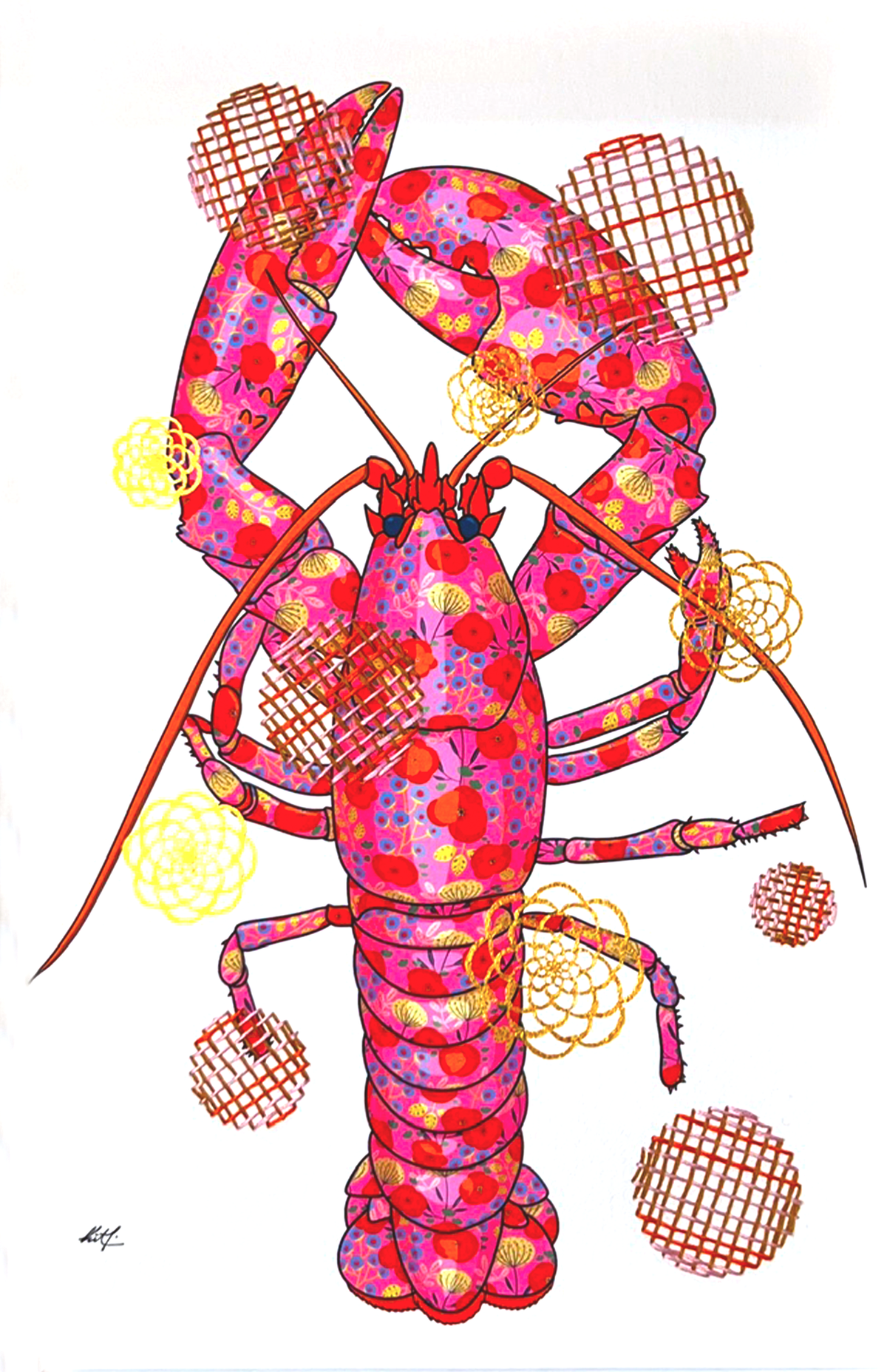 Fuschia Lobster mixed media with Pink, Red, Beige Embroidery  - custom framed with art glass
