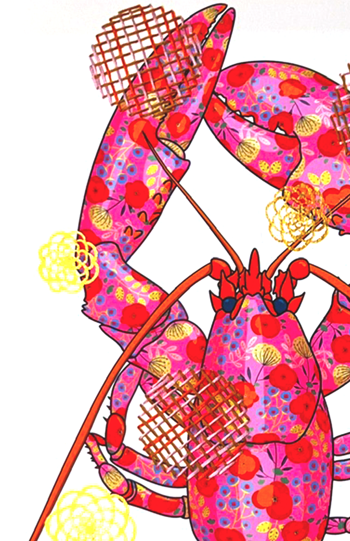 Fuschia Lobster mixed media with Pink, Red, Beige Embroidery  - custom framed with art glass