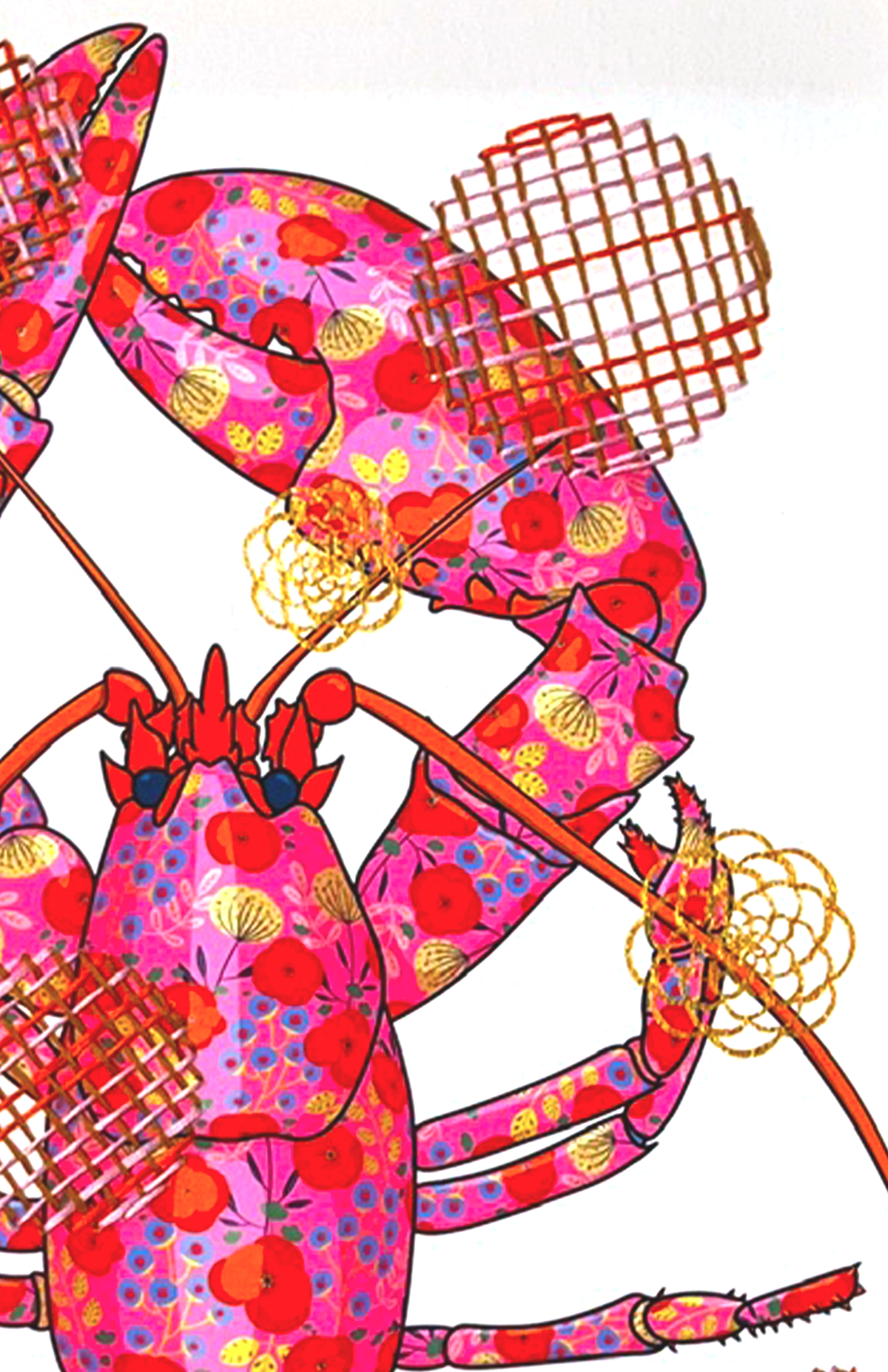 Fuschia Lobster mixed media with Pink, Red, Beige Embroidery  - custom framed with art glass