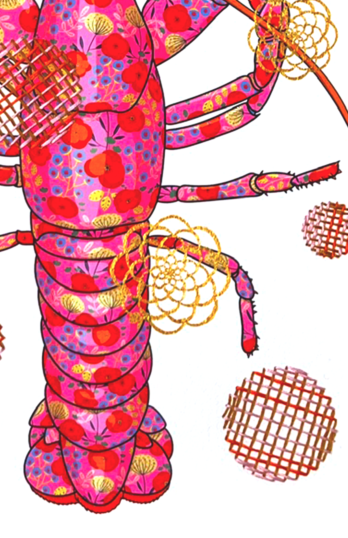 Fuschia Lobster mixed media with Pink, Red, Beige Embroidery  - custom framed with art glass
