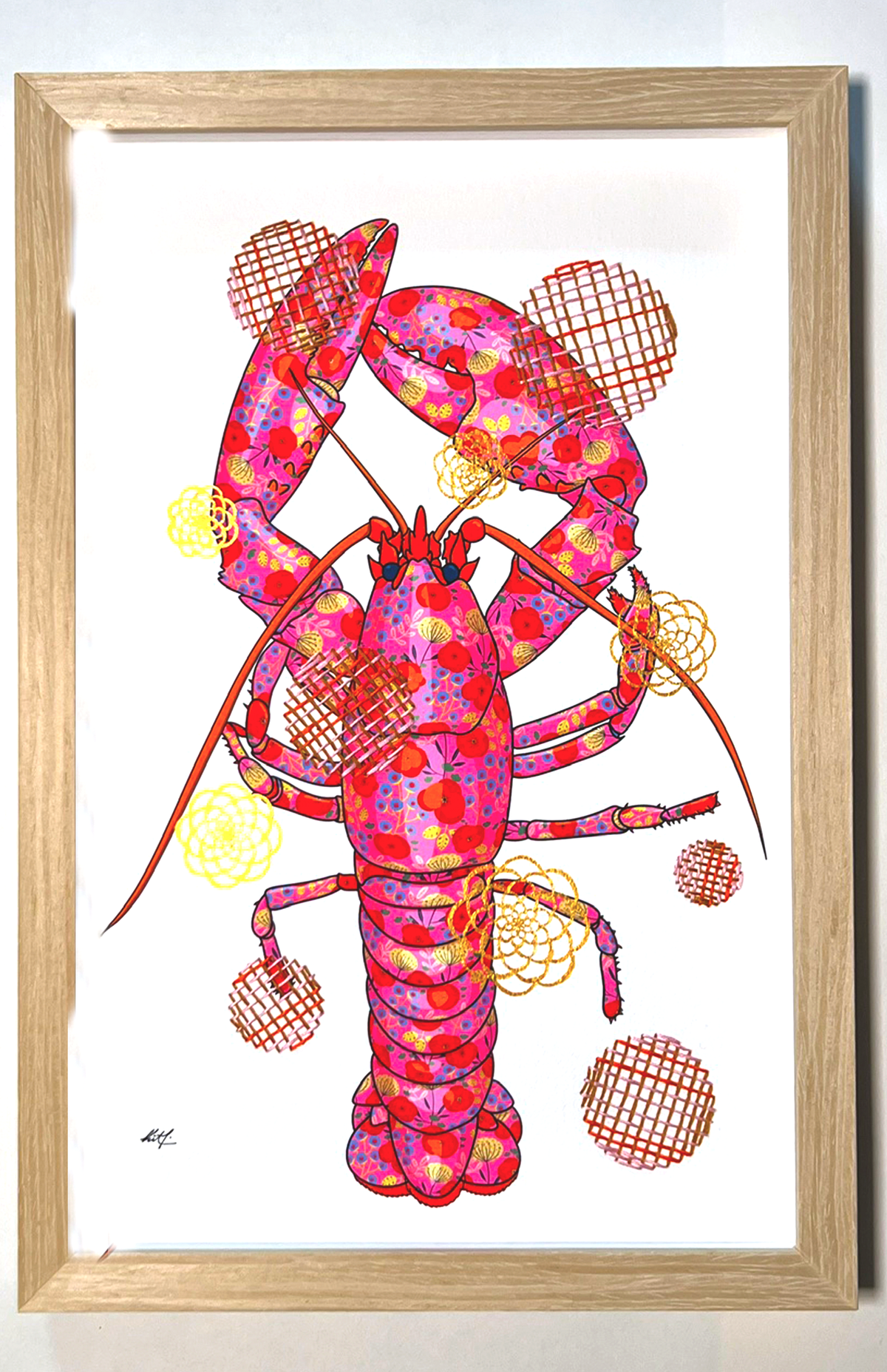 Fuschia Lobster mixed media with Pink, Red, Beige Embroidery  - custom framed with art glass