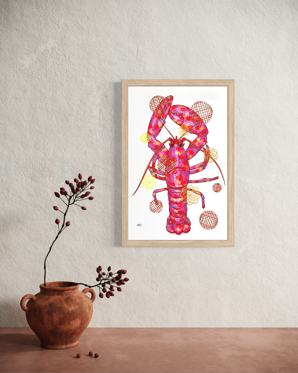 Fuschia Lobster mixed media with Pink, Red, Beige Embroidery  - custom framed with art glass