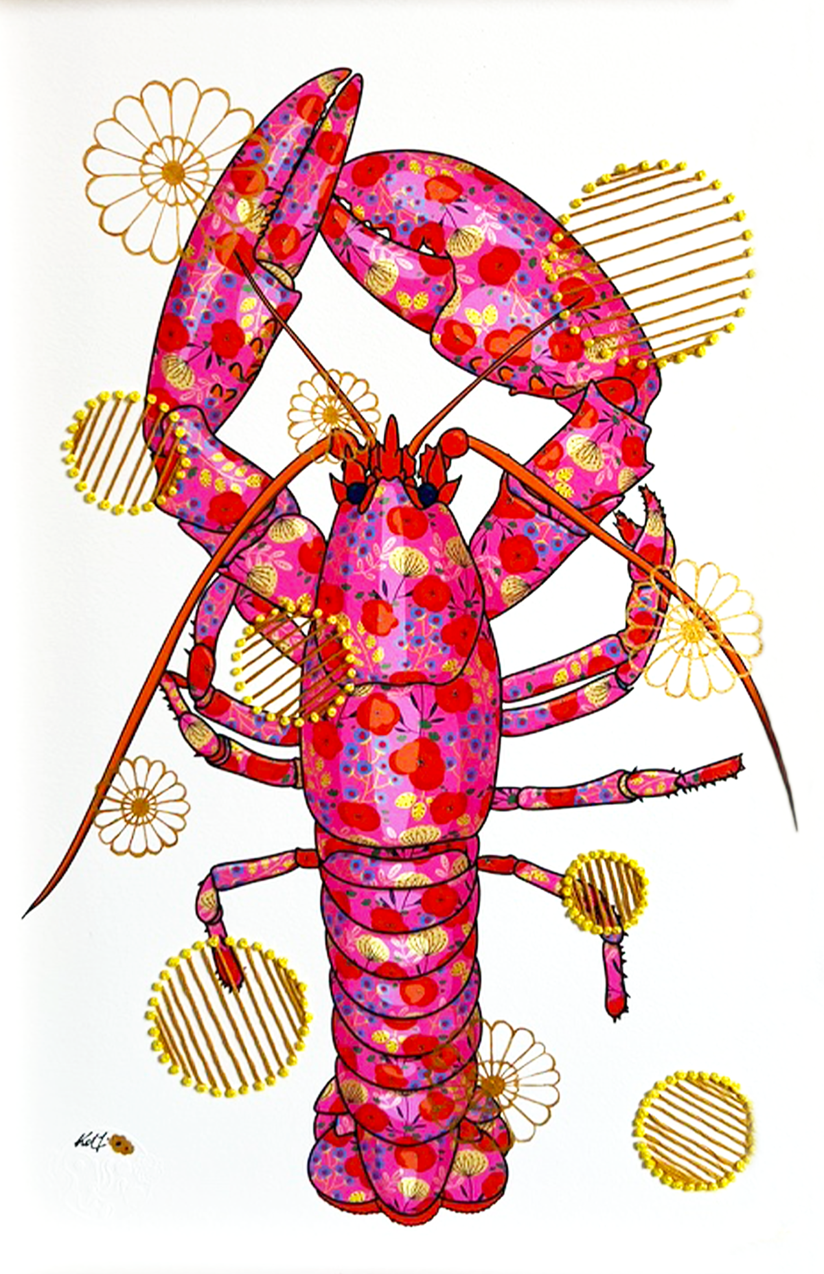 Fuschia Lobster mixed media with Yellow and Mustard Embroidery  - custom framed with art glass