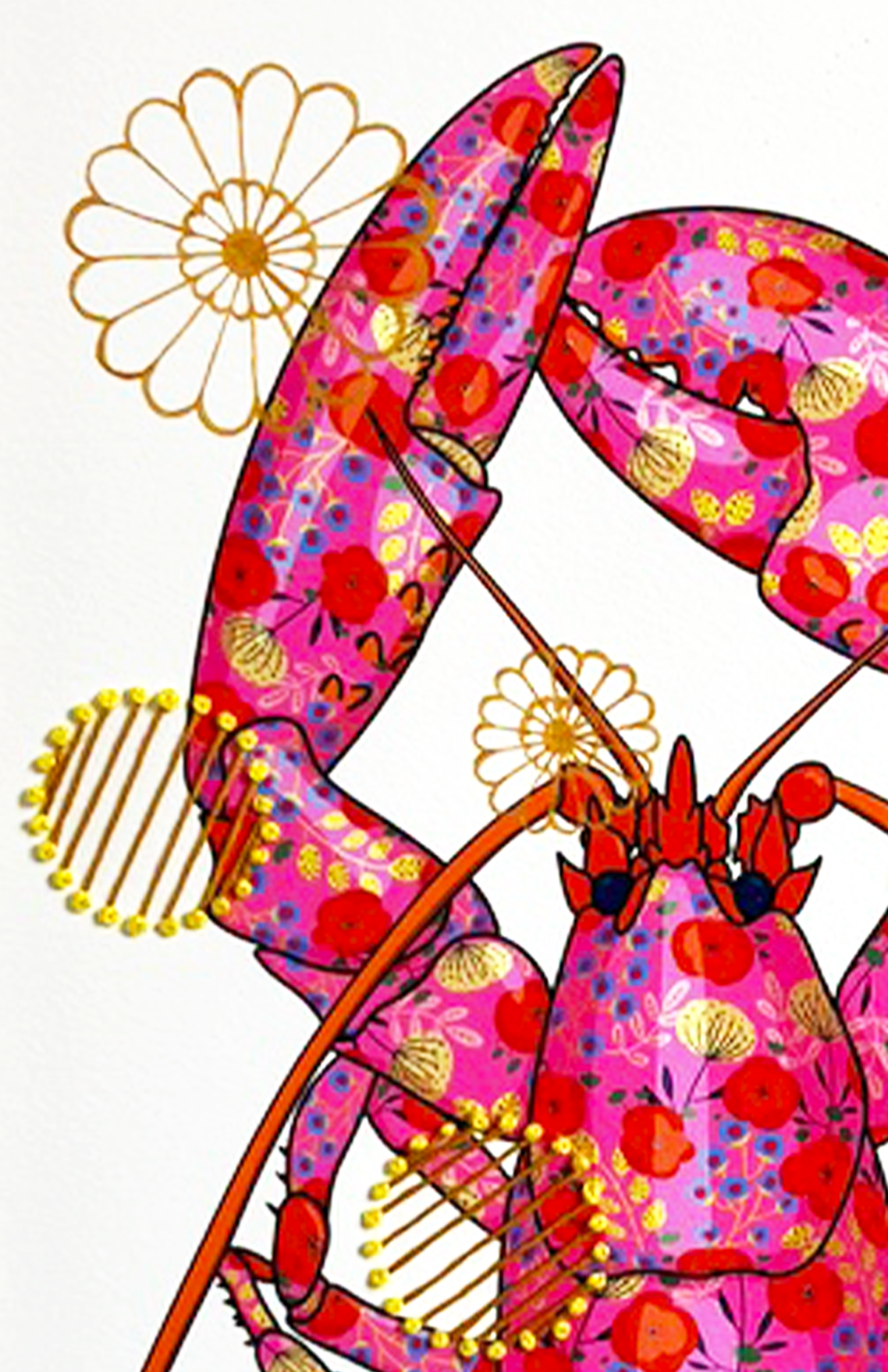 Fuschia Lobster mixed media with Yellow and Mustard Embroidery  - custom framed with art glass