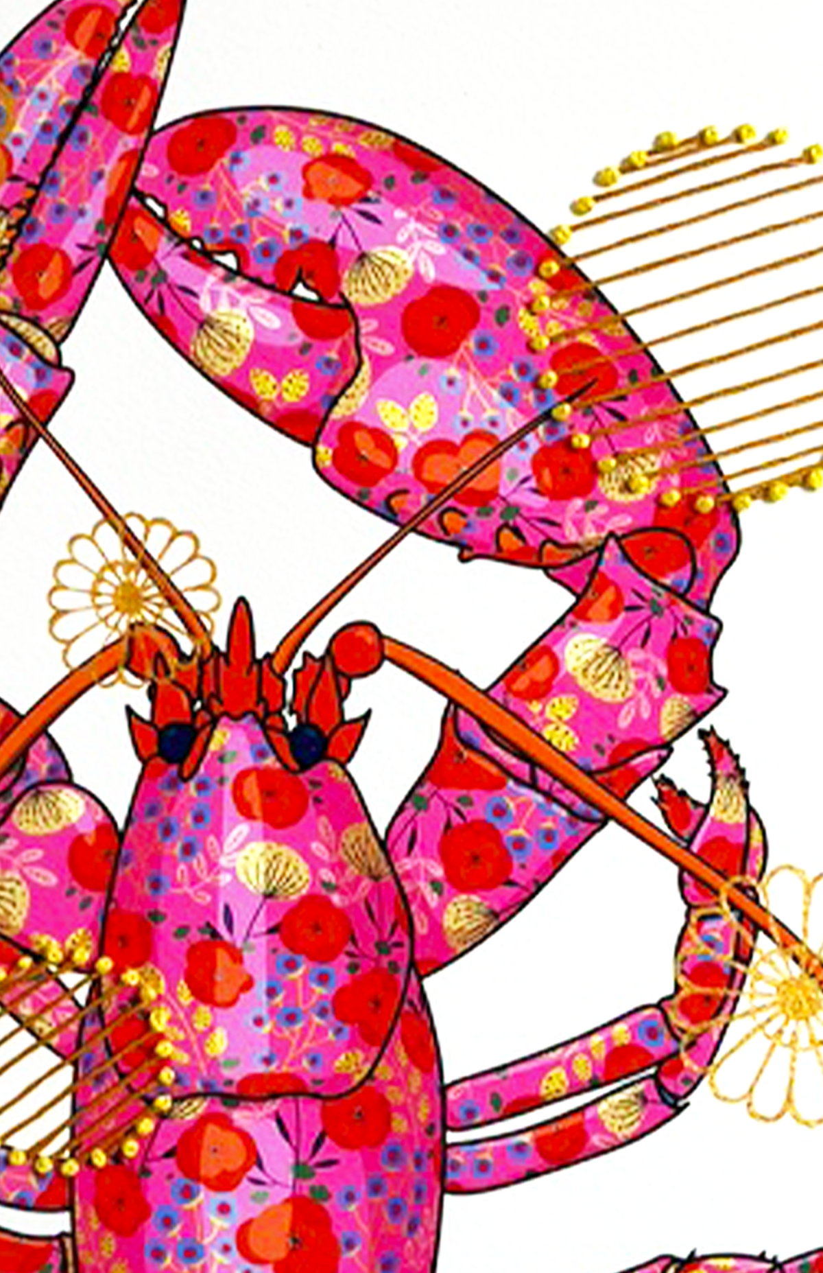 Fuschia Lobster mixed media with Yellow and Mustard Embroidery  - custom framed with art glass