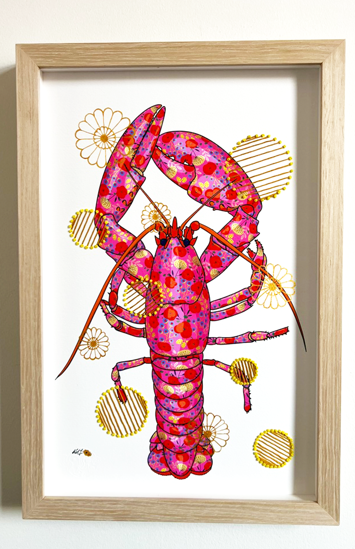 Fuschia Lobster mixed media with Yellow and Mustard Embroidery  - custom framed with art glass