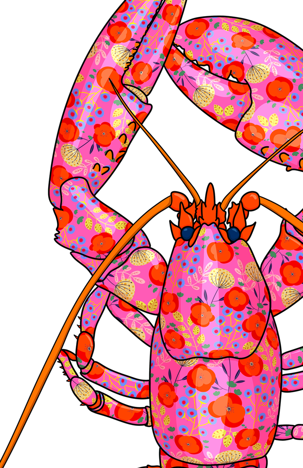 Fuschia Lobster mixed media with Yellow and Mustard Embroidery  - custom framed with art glass