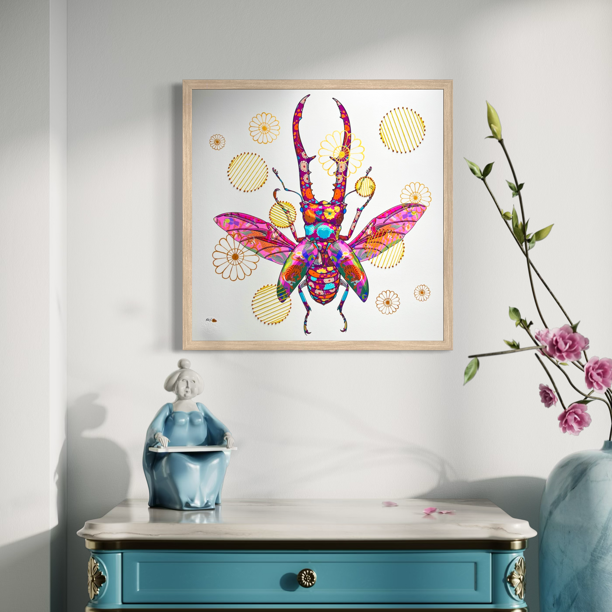 Stag Beetle Large Mixed Media - custom frame and art glass