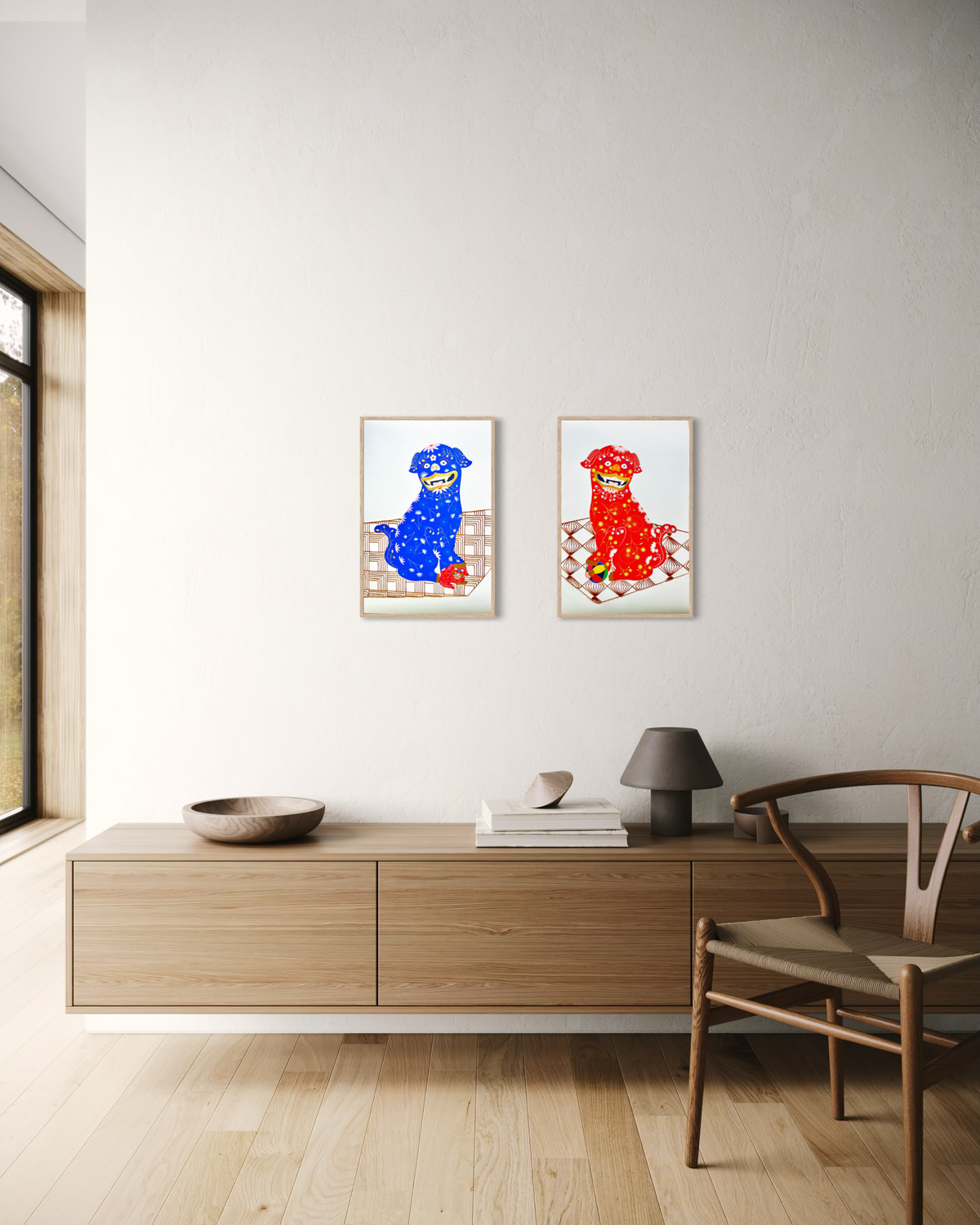 Foo Dog Mixed Media Diptych pair - custom frame and art glass