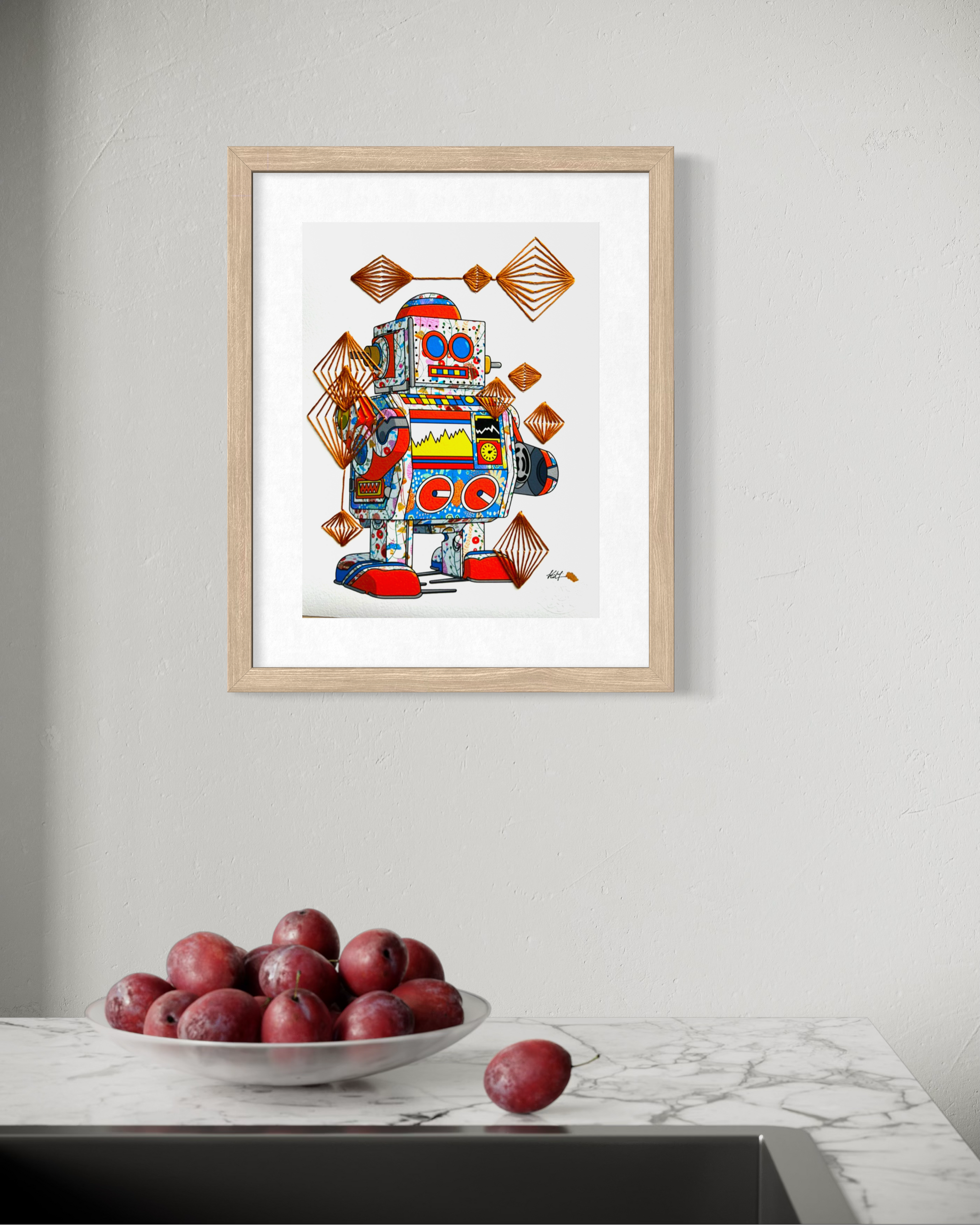 Tin Robot 5 mixed media with Copper Rhombus Embroidery - custom framed with art glass