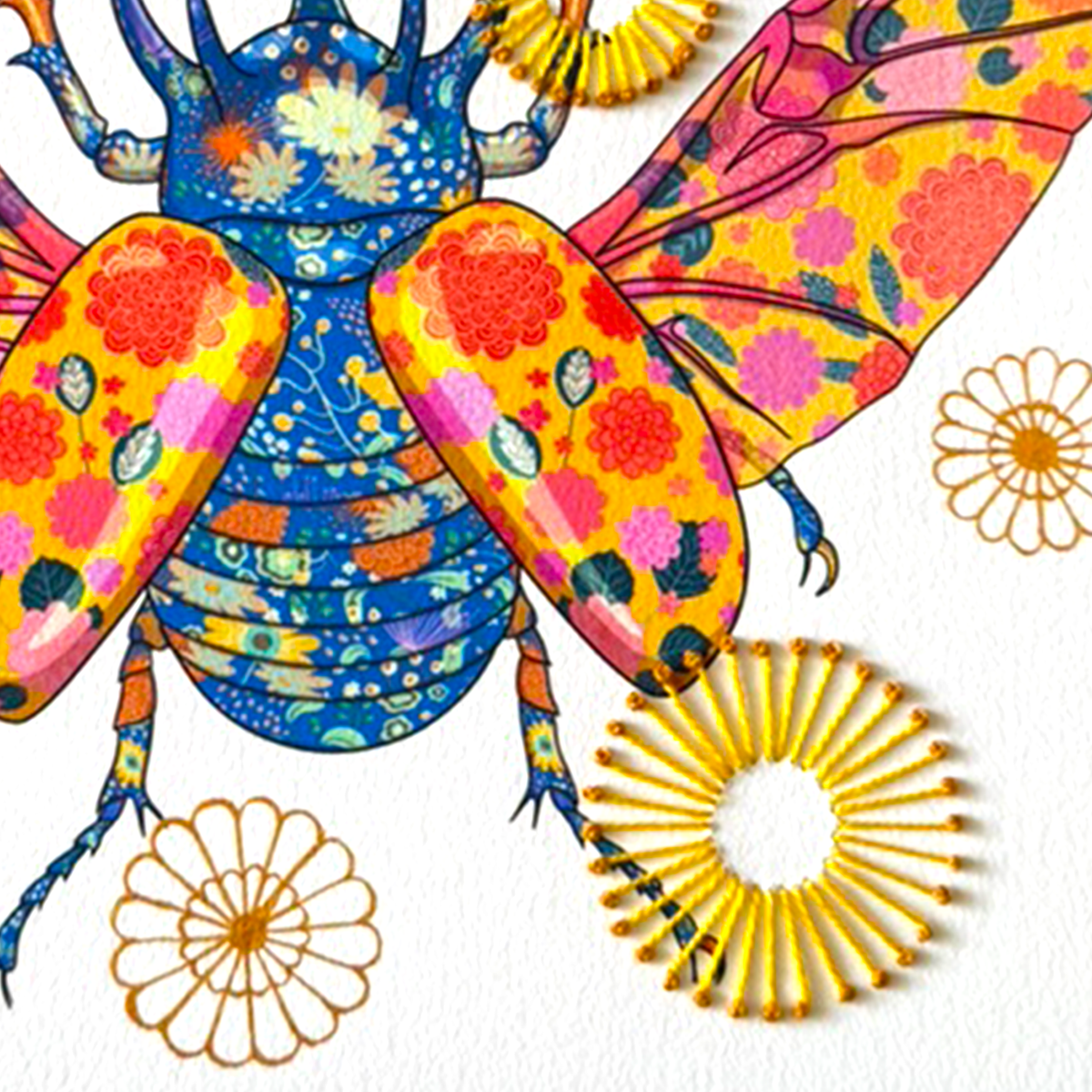 Japanese Rhinoceros Beetle mixed media with Yellow and Mustard French Knot Embroidery   - custom framed with art glass