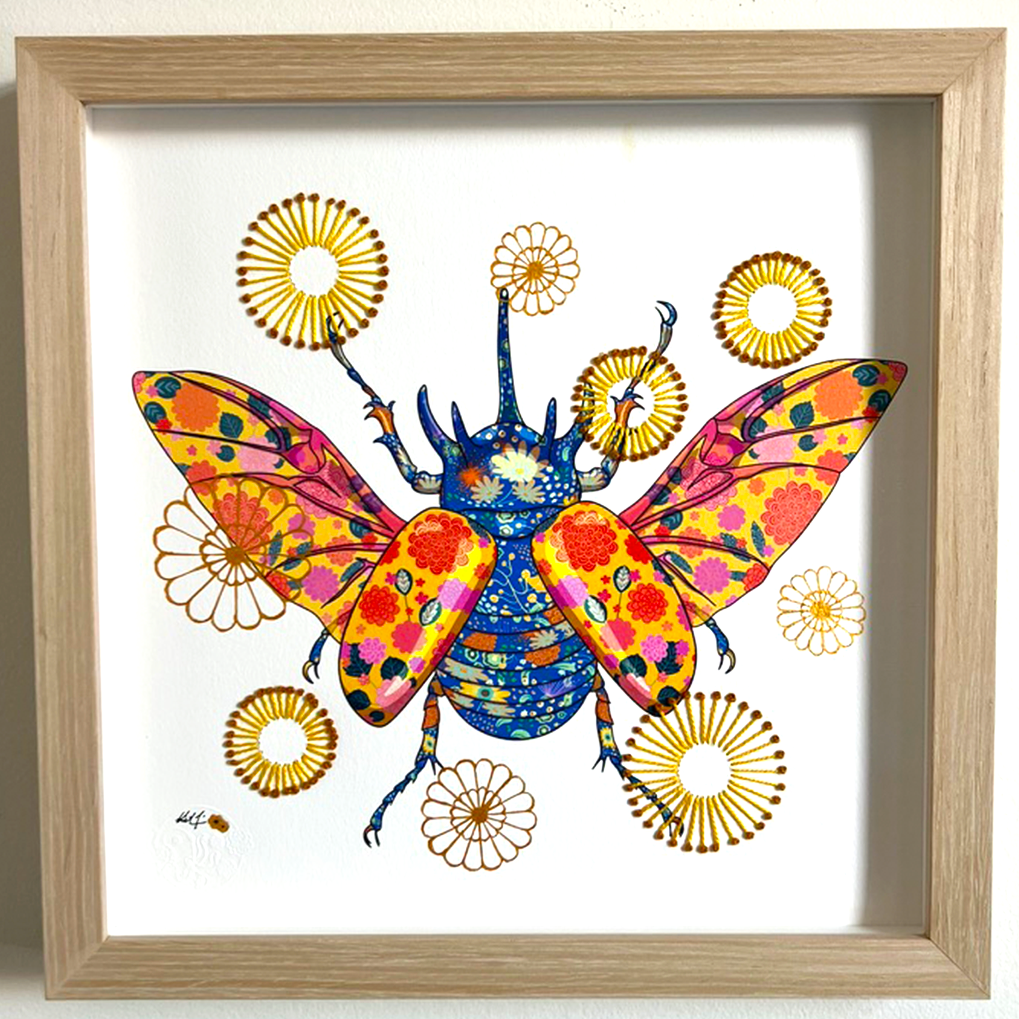 Japanese Rhinoceros Beetle mixed media with Yellow and Mustard French Knot Embroidery   - custom framed with art glass