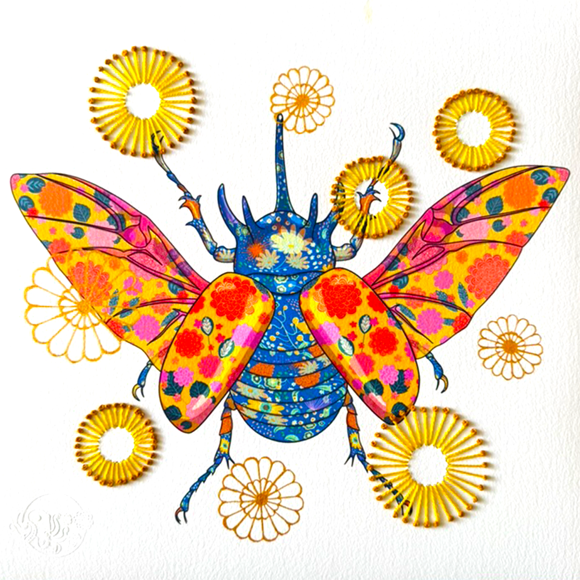 Japanese Rhinoceros Beetle mixed media with Yellow and Mustard French Knot Embroidery   - custom framed with art glass