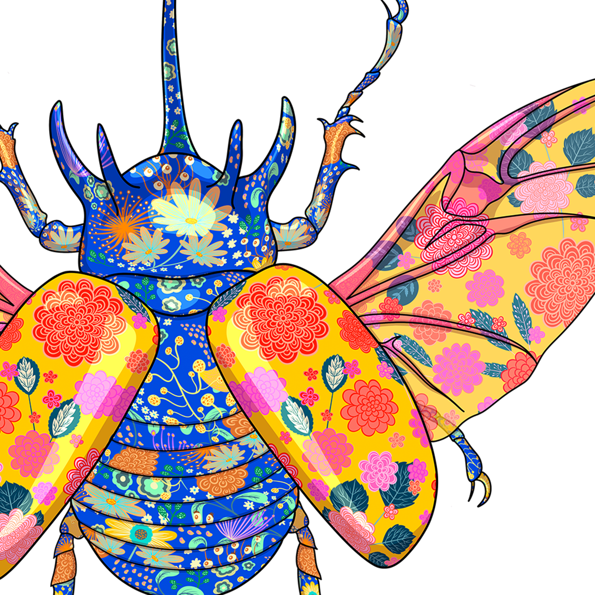Japanese Rhinoceros Beetle mixed media with Yellow and Mustard French Knot Embroidery   - custom framed with art glass
