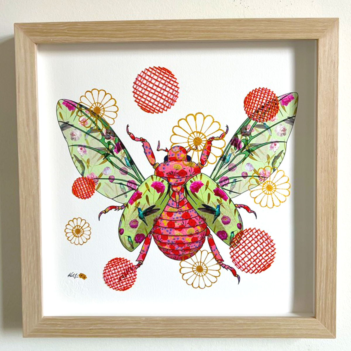 Jewel Scarab Beetle mixed media with Cobalt Blue and Pink Cross X Embroidery - custom framed with art glass