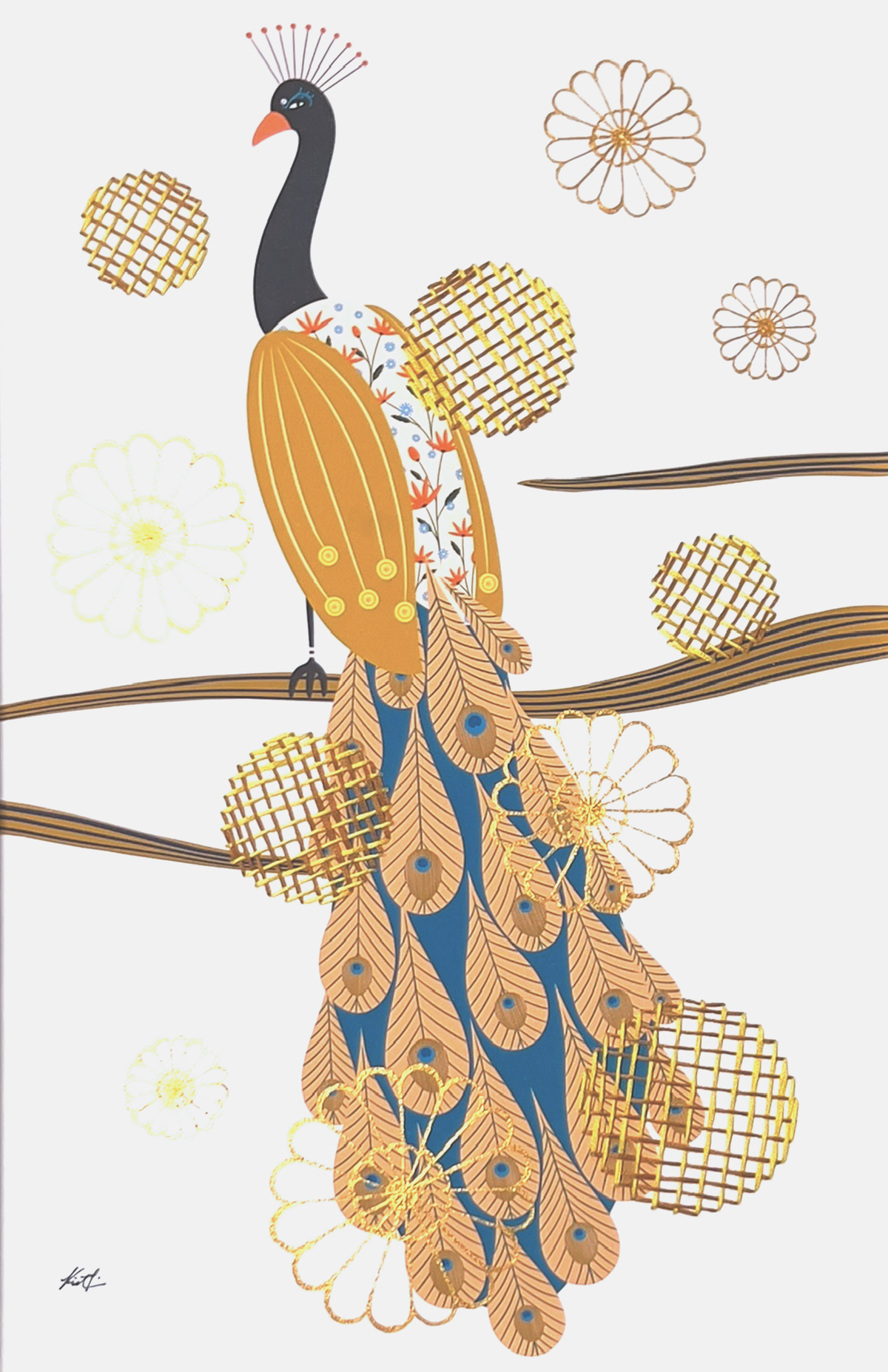 Lone Peacock mixed media with Mustard basket Embroidery  - custom framed with art glass