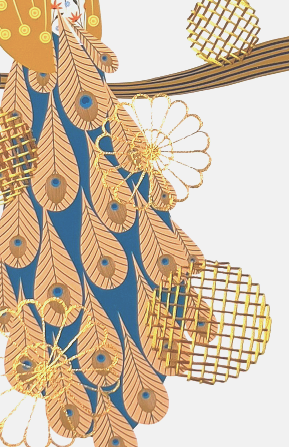 Lone Peacock mixed media with Mustard basket Embroidery  - custom framed with art glass