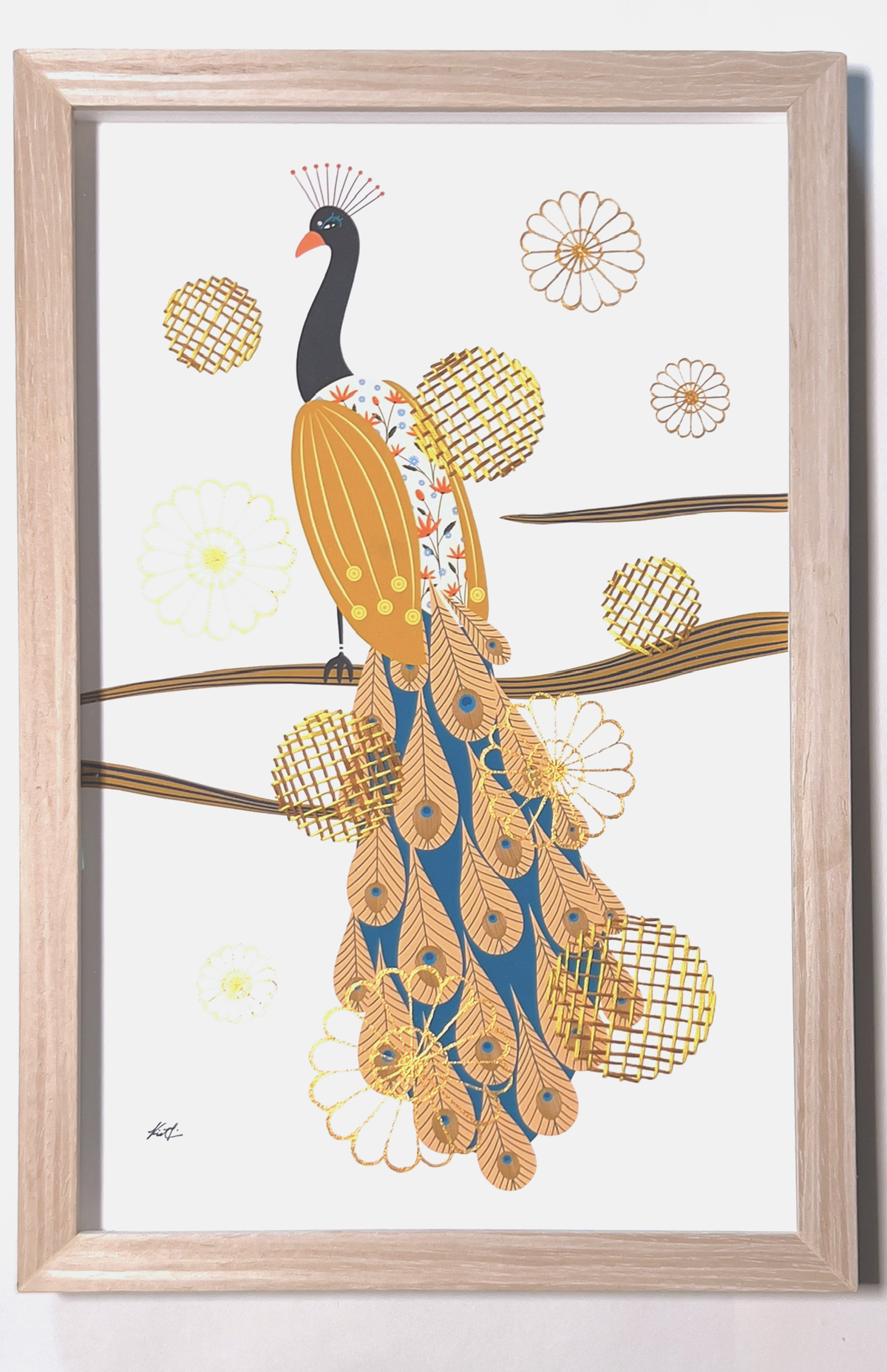 Lone Peacock mixed media with Mustard basket Embroidery  - custom framed with art glass