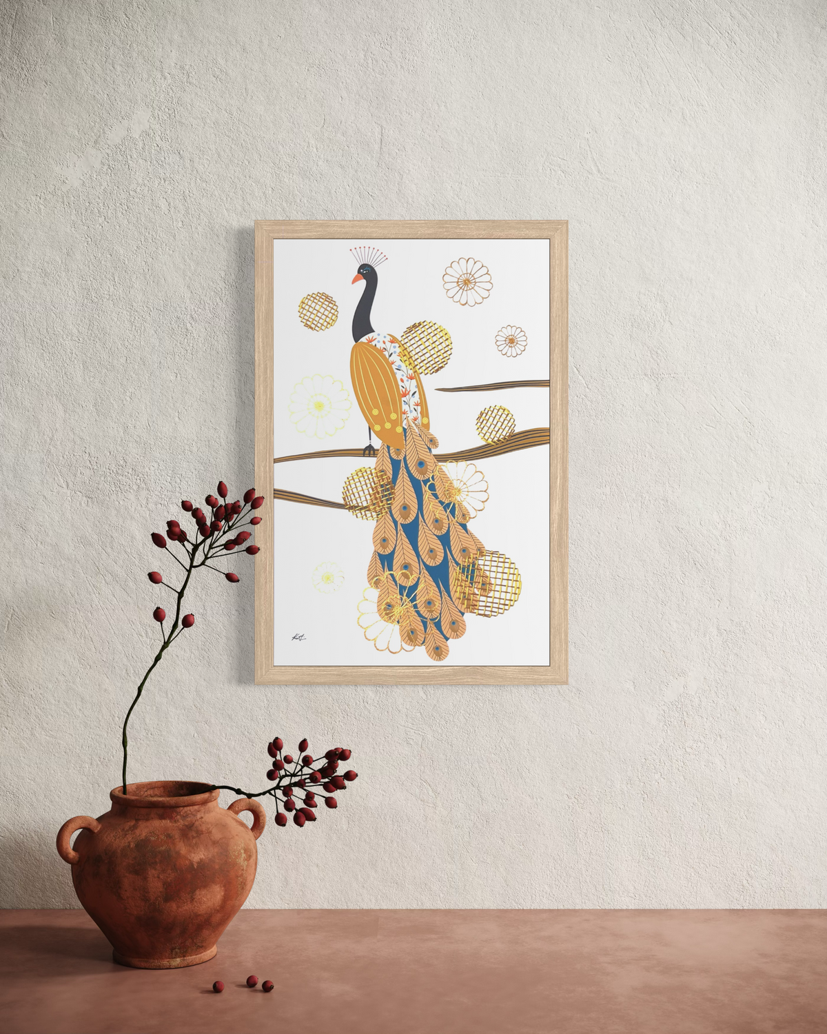 Lone Peacock mixed media with Mustard basket Embroidery  - custom framed with art glass