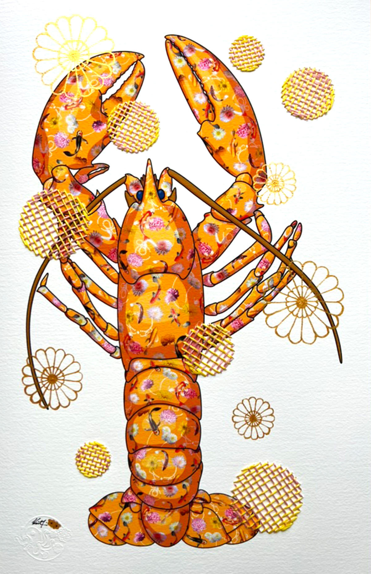 Orange Lobster mixed media with Pink and Yellow Embroidery  - custom framed with art glass