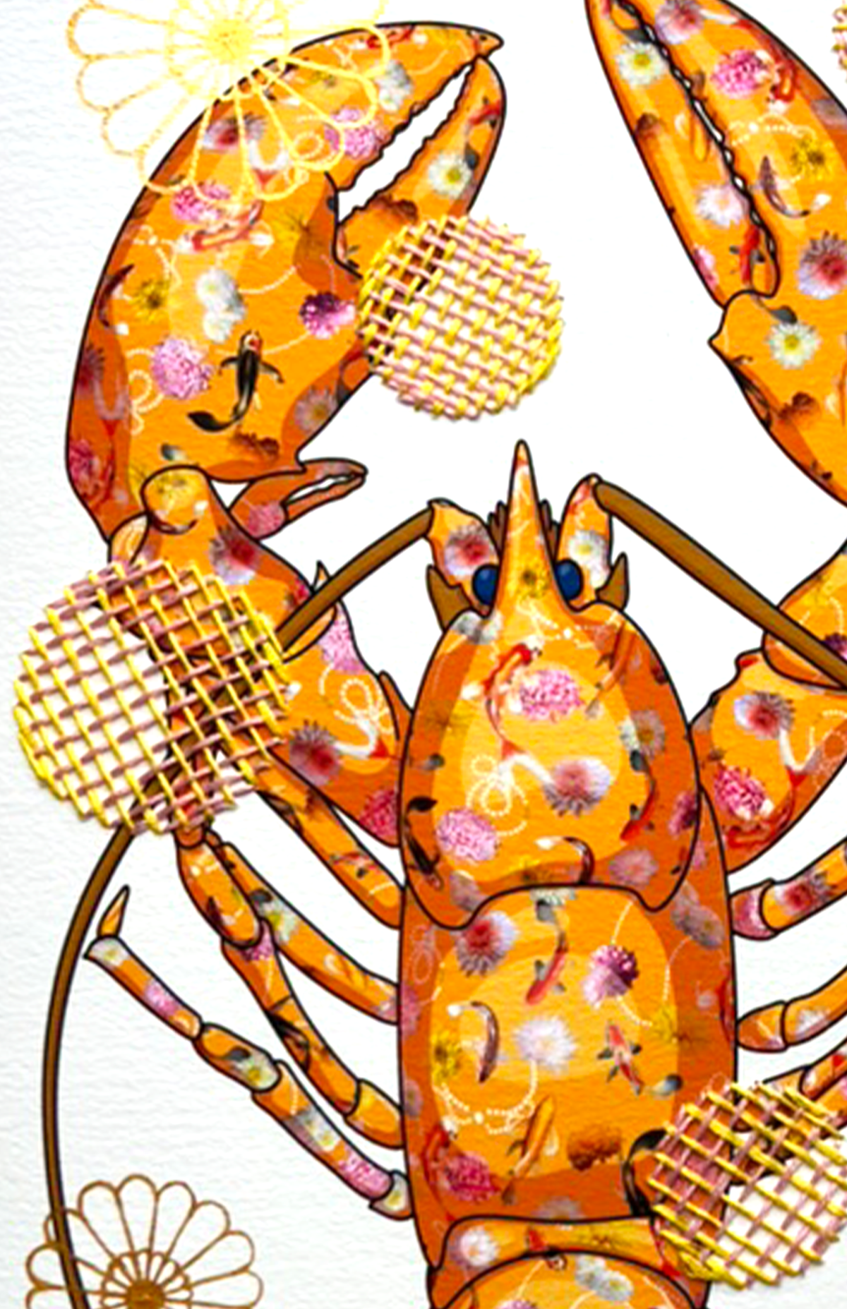 Orange Lobster mixed media with Pink and Yellow Embroidery  - custom framed with art glass