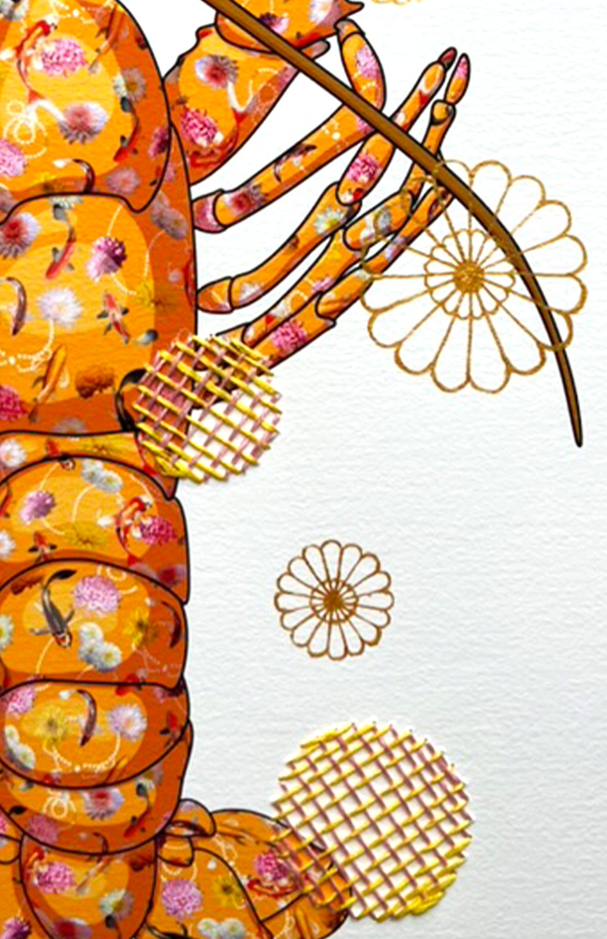 Orange Lobster mixed media with Pink and Yellow Embroidery  - custom framed with art glass