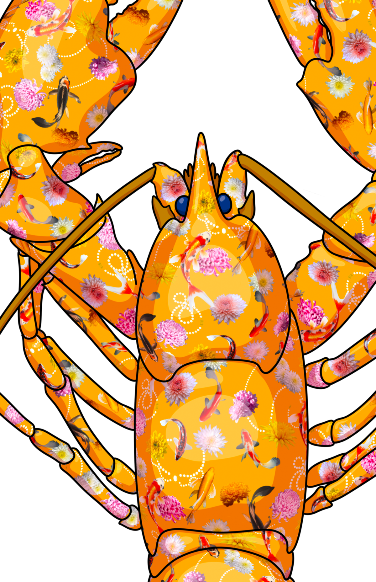 Orange Lobster mixed media with Pink and Yellow Embroidery  - custom framed with art glass